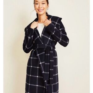 Ann Taylor Windowpane Shawl Collar Wrap Coat EUC